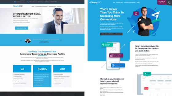 SimplyCRO homepage before and after