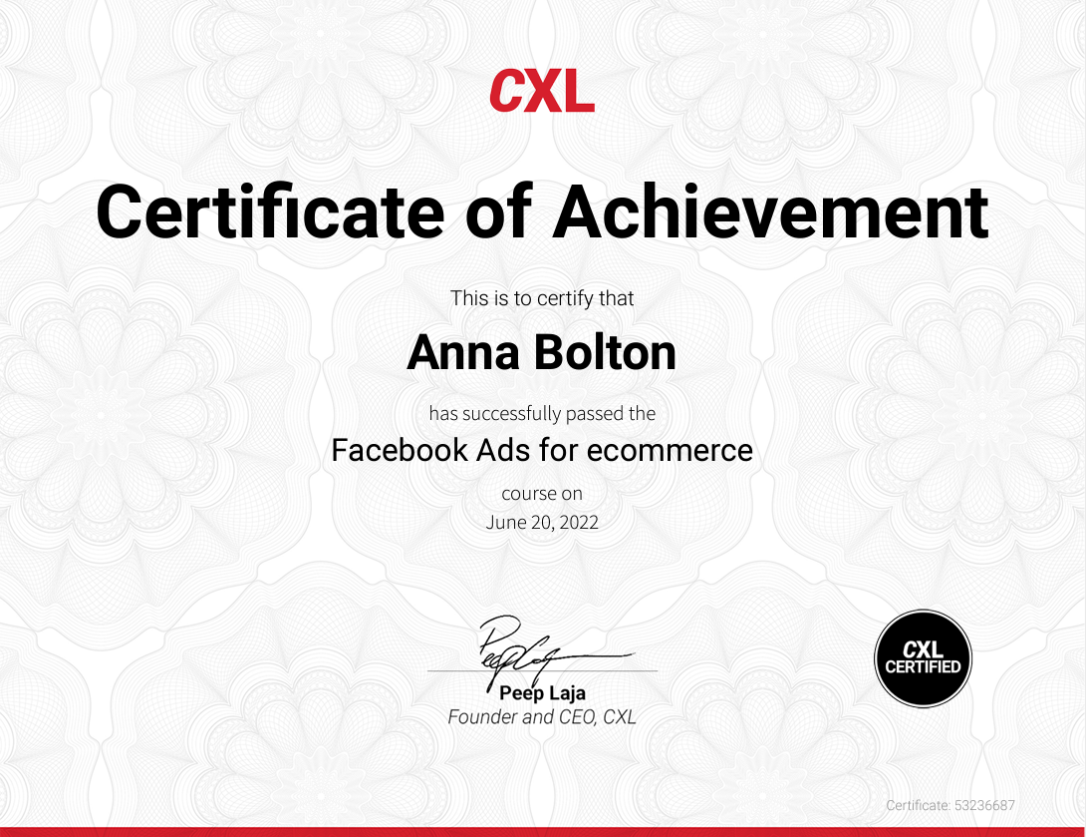 CXL Facebook ads for ecommerce certificate