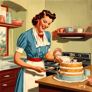 AI generated drawing in a vintage style showing a mid-century brunette housewife in a blue dress preparing a cake