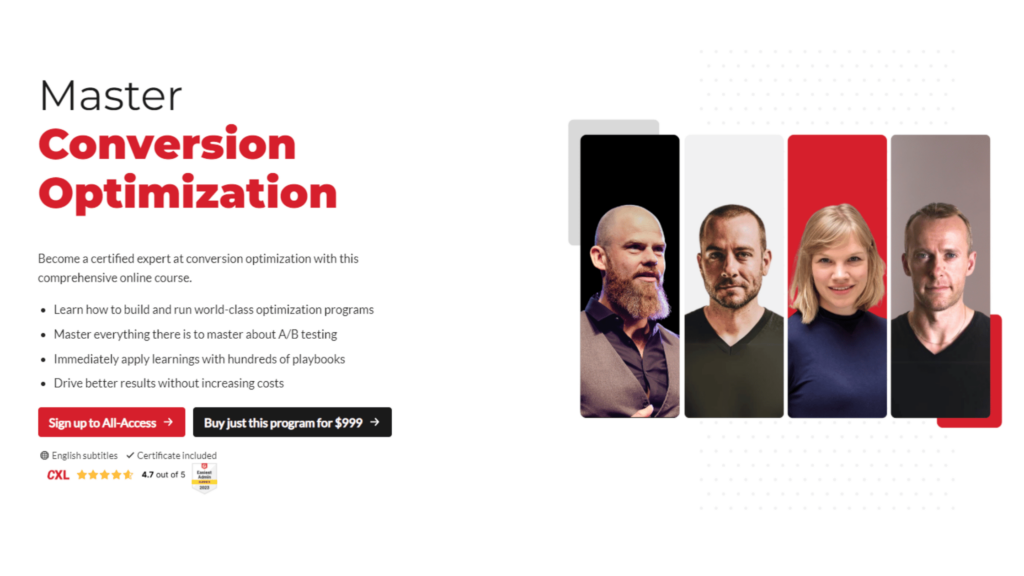 Screenshot of CXL conversion optimization certification program sales page