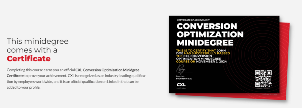 Screenshot of CXL website showing certification in conversion optimization