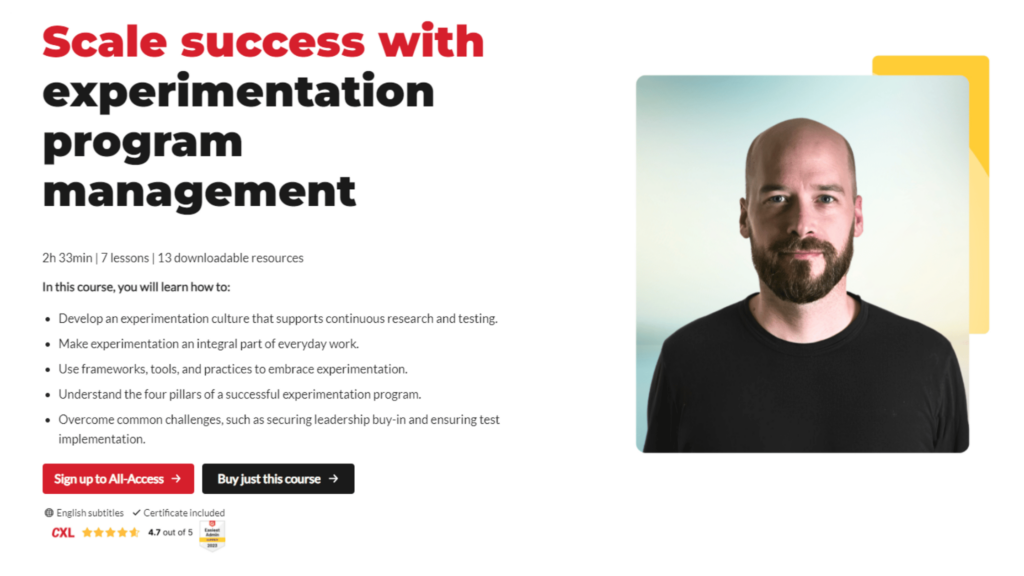 Screenshot of experimentation program management course page