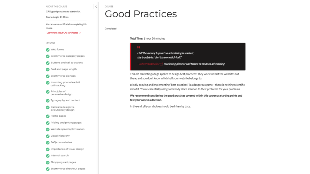 CXL Good Practices course screenshot