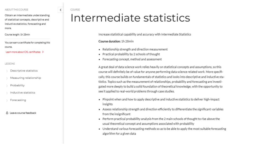 Intermediate Statistics CXL course page screenshot