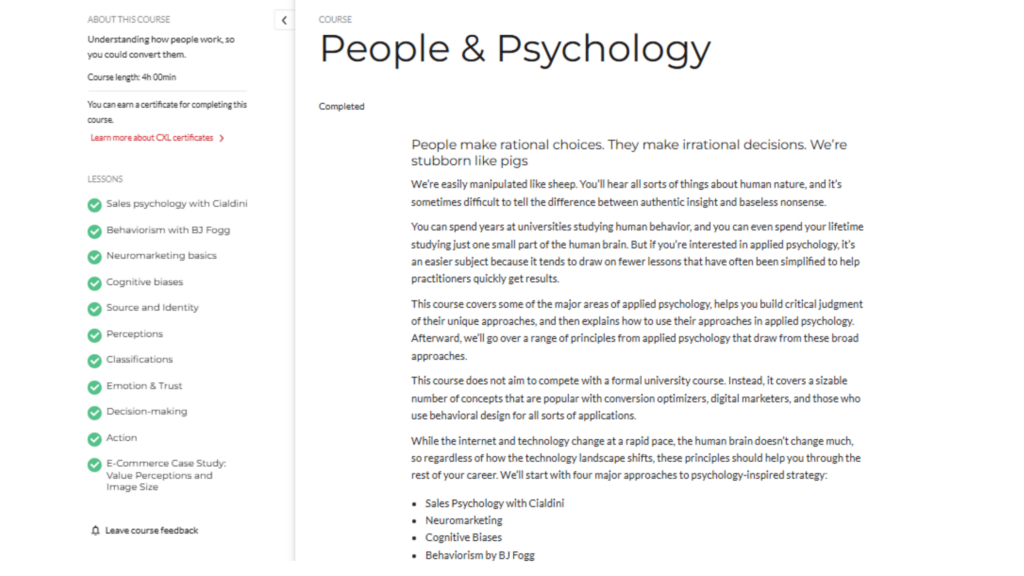 People and Psychology CXL course screenshot