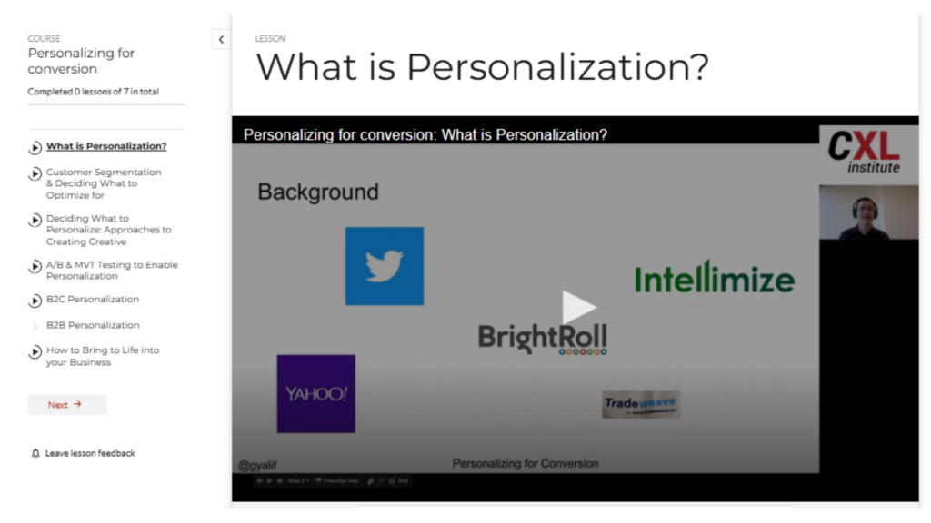 Screenshot of CXL course on personalization in marketing