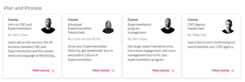 Screenshot of "plan and process" stream courses in CXL conversion optimization program