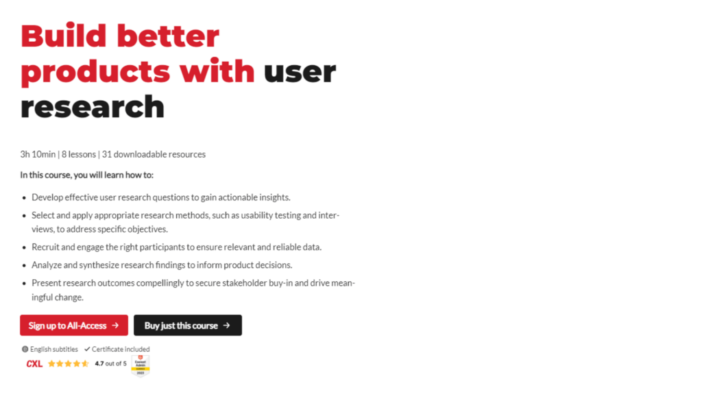 CXL User Research course page screenshot