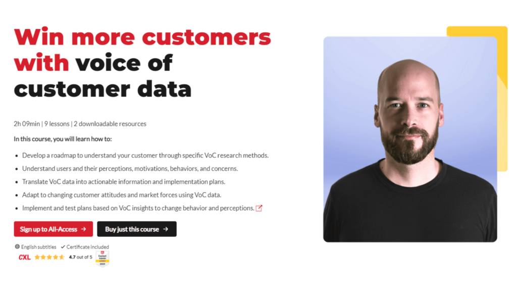 CXL Voice of Customer data course page screensho